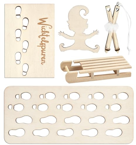 YUYWWAN Wichtel Schablone, Wichtel Fußabdrücke, 5 Stück Wichteltür Zubehör Holz, Wichtelschablone Wichtel Zubehör Weihnachten, Wichtelspuren Schablone, Con Miniatur Schlittenstock, Schlitten