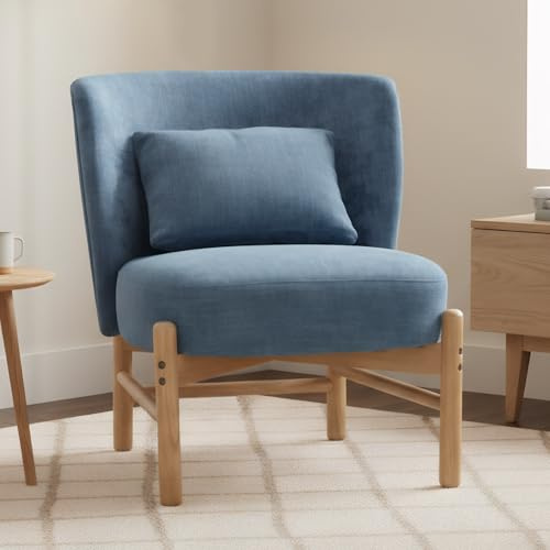 chairus Fauteuil Relax Salon avec Oreiller Lombaire Chaise de Salon en Chenille Fauteuil Scandinave sans Accoudoirs pour Salle à Manger, Bureau, Chambre (Bleu)