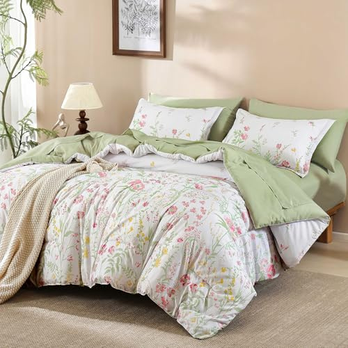 Yiran 7 Piece Pink Green Floral Comforter Set King Size, Cute Botanical Comforters Lightweight Coquette Bedding Set Flower Bed in a Bag Soft Farmhouse Bedding Set with Sheets for Women