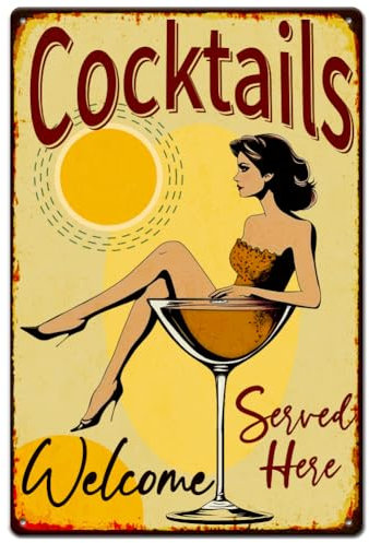 SUPERDANT Cocktail Girl Metal Signs Welcome Cocktails Tin Signs Girl Lying in the Cocktail Wall Plaques Iron Poster Art for Kitchen Bars Pub Man Cave Vintagae Decor