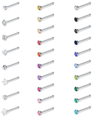 WillTen 30 Stück Gerade Nasenpiercing Silber, 20G Nasenstecker aus Edelstahl Kleine Nasenpiercing Stecker, Winziger Nostril Nase Nose Nasen Piercing Stecker für Frauen