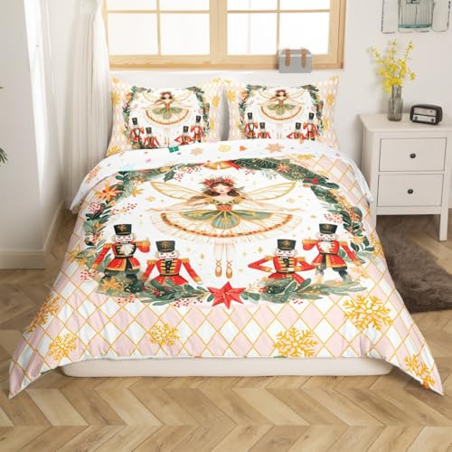 Homemissing Nutcracker Bedding Set Christmas Snowflakes Duvet Cover for Kids Boys Girls New Year Theme Plaid Print Comforter Cover Xmas Bedspread Cover with 2 Pillowcases 3Pcs Bedding King