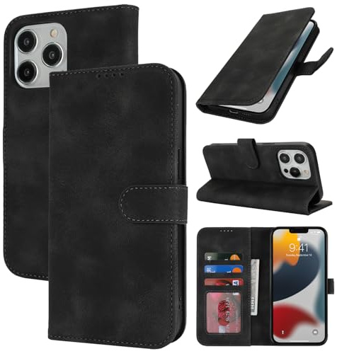 Zouzt Hülle für iPhone 13 Pro (6,1), Premium PU Leder, Vintage Schwarz | Handyhülle mit Kartenfächern, Magnet Klapp Schutzhülle, Stoßfeste TPU-Innenhülle, Frauen Männer, Leather Wallet Phone Case
