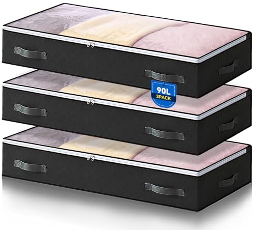 AIOR 3 Pezzi 90L Contenitori Sottoletto Organizzatore letto, Salvaspazio Contenitore Sottoletto Pieghevole con Finestra Trasparente, Organizer per Piumoni, Lenzuola, Vestiti, 100x50x18cm (Nero)