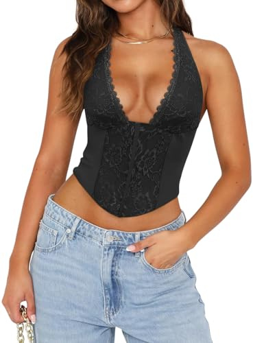 UNCOOYEE Women Summer Sexy Lace Halter Neck Tank Top Sleeveless Backless Y2k Trendy Going Out Corset Crop Tops Black Small