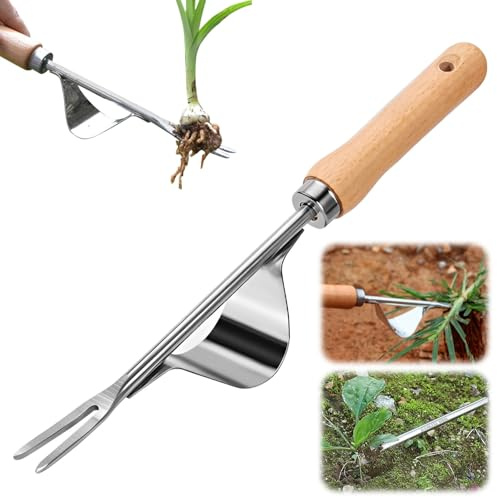 Topbashgo Unkrautstecher Edelstahl, 2025 New Unkraut Entferner Gerät, Unkrautstecher Gartenarbeit Hand Unkrautstecher, Gartenarbeit Gabel mit Naturholzgriff für Graben Jäten Lösen (3)