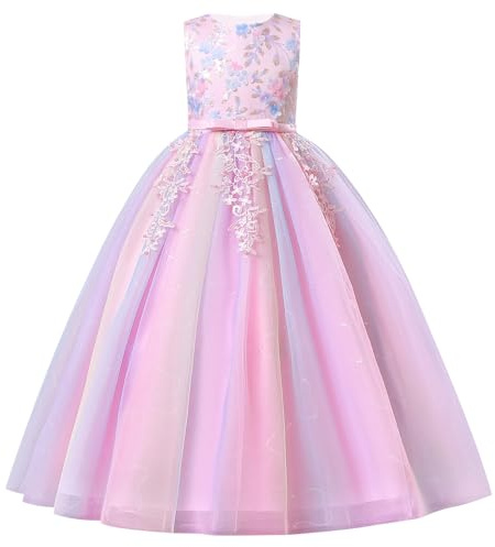 EFOGEP Prinzessin Ballkleid Mädchen 3D Blumen Pailletten - Ärmellos Tüll Maxikleid mit Schleife für Hochzeit Blumenmädchen Geburtstag, Rosa 7-8Jahre