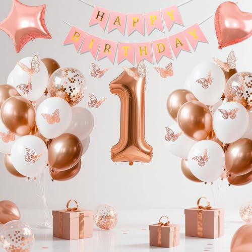 Luftballon Geburtstag, 40 Zoll Zahl 1 Großer Roségold Folienballon und 12 Zoll Mattes Roségold, Weiß und Glitzerroségold Ballons für Frauen Birthday Party Geburtstagsdeko