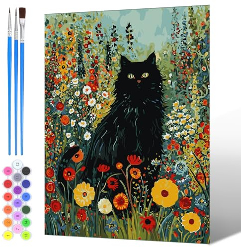 NAIMOER Flauschige Katze Malen Nach Zahlen Erwachsene, Malen Nach Zahlen Blumen Garten Botanische für Kinder mit Pinseln Acrylpigment für Anfänger Jungen Mädchen 30x40cm