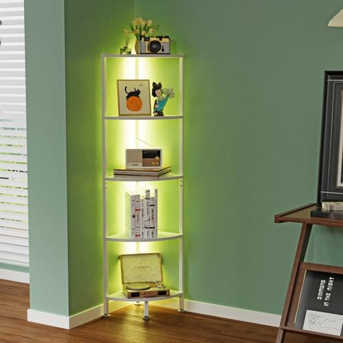 HaodaCulture Eckregal Stehend mit 5 Ablagen, Eckregal mit led, 140 cm Eck Bücherregal, bücherregal klein, Aufbewahrungsregal, für Wohnzimmer, Schlafzimmer, Büro 43x30x140cm
