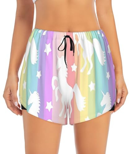 QPIPGER Unicorni su strisce colorate stampa pantaloncini sportivi da donna con tasche 2025 vacanze cintura casual elastico spiaggia tasche corte, Nero , M-3XL Short