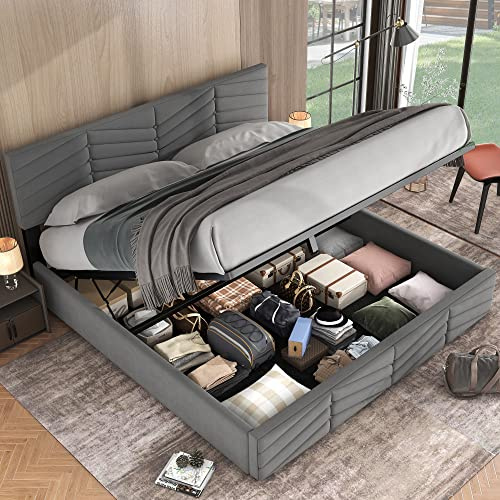 Zenithpath Bett 180x200cm, Polsterbett aus Velvet Kopfteil Höhenverstellbar Hydraulisch Bett mit Stauraum, Doppelbett Bettgestell ohne Matratze