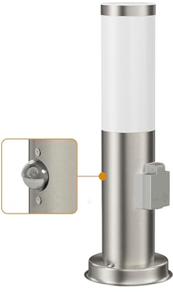 ledscom.de Pollerleuchte PORU Sensor mit Erdspieß für außen, 38cm, edelstahl 1xE27 max.15W Steckdose