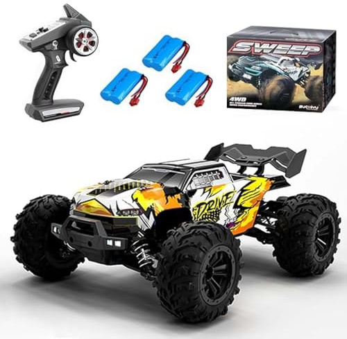 Ledovan 70km/h Ferngesteuertes Auto mit Bürstenloser Motor, 4WD Hohe Geschwindigkeit All Terrain Monster Trucks, Wasserdicht Rc Drift Car für Erwachsene, 3 Batterien(Gelb)