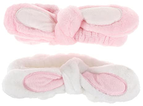 HONMEET 2 pezzi Fasce Elastiche per Lavaggio con Orecchie Coniglio Bianco e Rosa Fascia Morbida per Spa e Skincare Quotidiana