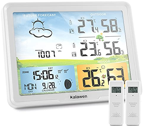 Kalawen Wetterstation Funk mit 2 Außensensoren Weiß, Funkwetterstation Farbdisplay mit Wettervorhersage Innenthermometer Temperaturwarnung Feuchtigkeit DCF Funkuhr, Batteriebetrieb und Netzbetrieb