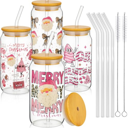 Fiada 4 Pcs Christmas Employee Appreciation Gifts Iced Coffee Cup with Lid and Straw 16oz Glasses Beer Can Cup for Birthday Gift Women Teacher Employee Coworker