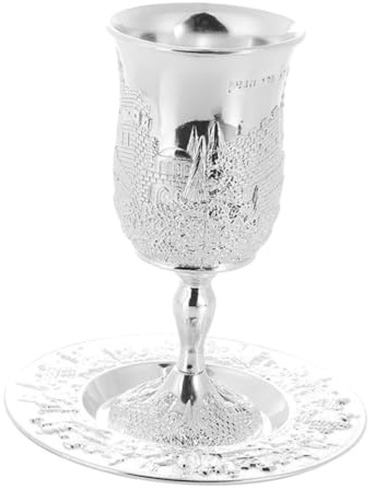 TOVINANNA Juego de Copa de Kidush Plateada de Aleación de Zinc para Shabat y Pésaj Copa de Vino Festiva Judaica para Celebraciones Religiosas y Regalos Tradicionales