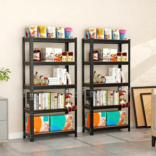 OHMG Lot de 2 Étagère de Rangement à 5 tablettes réglables en Hauteur, Charge Max. 875 kg, Chromé,en MDF avec Cadre Métallique,Étagère Charge Lourde,pour Garage Atelier Cuisine Salon