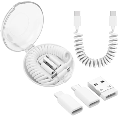 YACSEJAO Kit de adaptador de cable de carga en espiral USB C multitipo, convertidor de cable de carga USB portátil, caja con adaptador iOS/Micro USB/USB A (blanco)