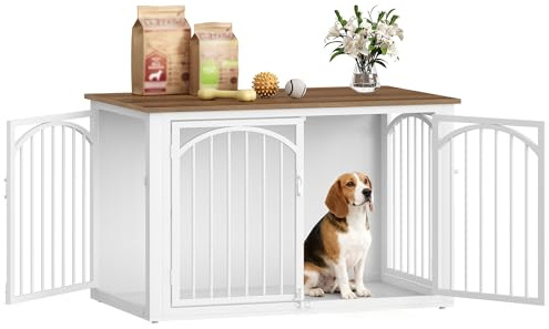 Fobyfurny Hundbur, 100 cm Träbur med 4 Dörrar, Sidobord i Form av Djurbur för Små till Medelstora Hundar, Hundbur för Inomhusbruk, 100 x 60 x 63 cm, Brun och Vit FPDC002FWR1