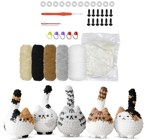SXSYGZOA Häkelset Tiere Häkelset für Anfänger Erwachsene, Strickset Häkeln Stricken Für Anfänger Set, Crochet Set 5 Süße Häkelkatzen,Kommt Mit Videoerklärung
