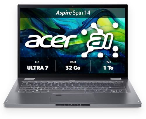 Acer Aspire Spin 14 | PC Portable Convertible | Core Ultra 7 | 32Go/1To | 14 WUXGA IPS tactile 60Hz | Core Ultra 7 155U | 32Go RAM | SSD 1To | Windows 11 Home | AZERTY rétroéclairé