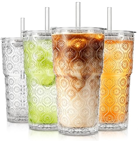 SoulTimes 600 ml Begonia Glass Tumbler with Lids and Straws-4 Pcs Iced Coffee Glass Cups for Smoothie, Matcha, Juice, Water etc. Leakproof and Dishwasher Safe Glassware Drinking for Travel to Go