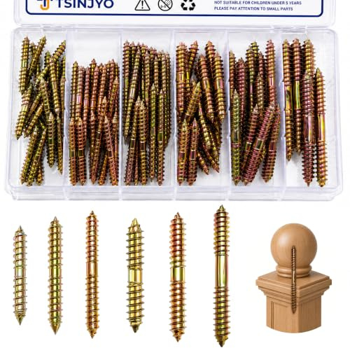 Tsinjyo 100 pcs M4 M6 Self-Tapping Screw Hanger Bolts Assortment Set, Zinc Double Ended Thread Dowel Screws, Woodworking Furniture Screw for Wood Connecting & Fixing (40/50/60/80mm)