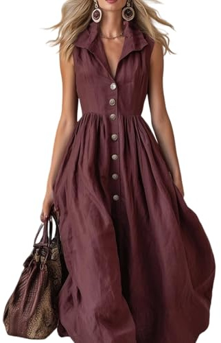 Generico Abito Chemisier Donna Lungo Senza Maniche con Scollo a V e Bottoni Vestito Estivo Elegante in Cotone Lino Vestiti Mare Curvy Casual Leggero per Lavoro Ufficio Viaggio Spiaggia Uscite,