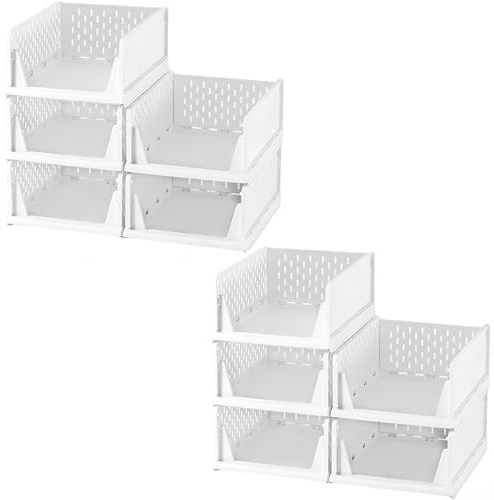 Deuline 10 x Schrank-Organizer klappbar, Kleiderschrank-Organizer stapelbar, ausziehbarer Korb, Aufbewahrung und Organisation, Kunststoff, Schlafzimmer, Büro, Badezimmer, Weiß 521161