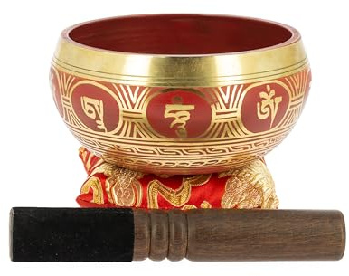 Bol de méditation tibétain avec symboles rouges 13,5 cm