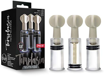 Blush Novelties Temptasia Clit & Nipple Twist Suckers, Set of 3 Adjustable Suckers, Twist to Increase Vacuum, Heighten Sensitivity & Arousal - 1.25 Width Durable Acrylic Cylinders - Sex Toy for Women