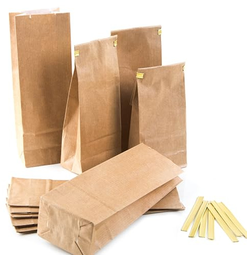 Kleine Blockbodenbeutel, 25 Stück: Papiertüten Braun, Teetüten Kraftpapier, Geschenktüte Give-Aways, Für Kaffee, Tee, Kräuter & Kekse, Kraftpapiertüten, Papiertaschen mit Verschluss, 7 x 4 x 20,5 cm
