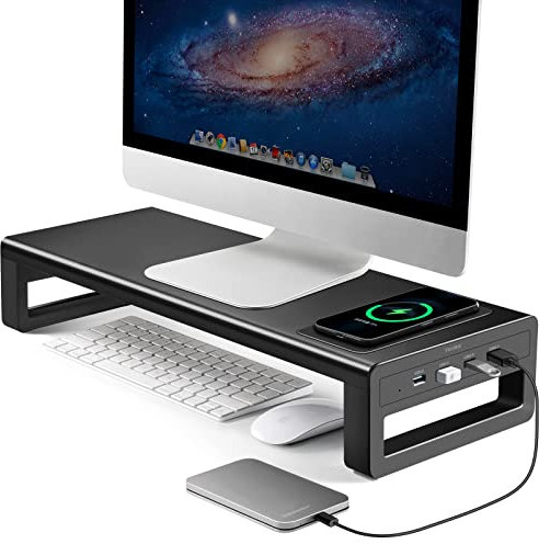 VAYDEER USB 3.0 Monitorständer mit kabelloser Aufladung & Datenübertragung - Metall Riser für Laptops & Computer bis 32 Zoll - Schwarz.