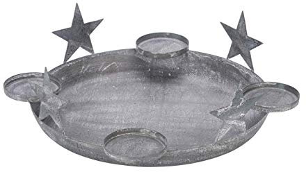 Gehlmann weihnachtlicher dekorativer Adventkranz als Metallschale in grau-weiß mit Sternen und 4 Kerzenhaltern