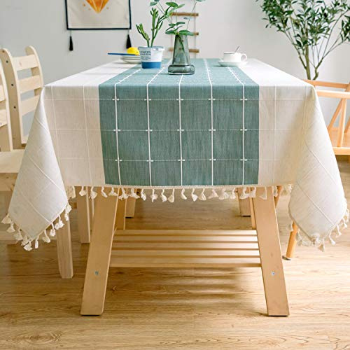 JaeMoose Rechteckige Tischdecke aus Baumwolle und Leinen, einfarbig, kariert, mit Quasten, Baumwolle, für Küche, Esszimmer, Tischdekoration (140 x 260 cm, Grün/Weiß)