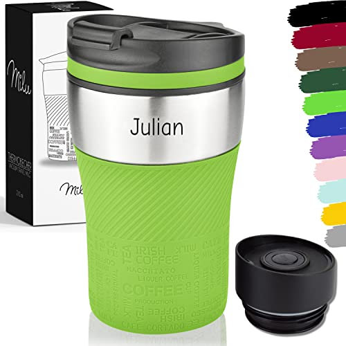 Milu Thermobecher mit Gravur - 210ml - Vatertag Muttertag personalisiert Geschenk mit Namen Ostern Weihnachten für Männer Frauen Mama Papa (Grün, 210ml (+Gravur)
