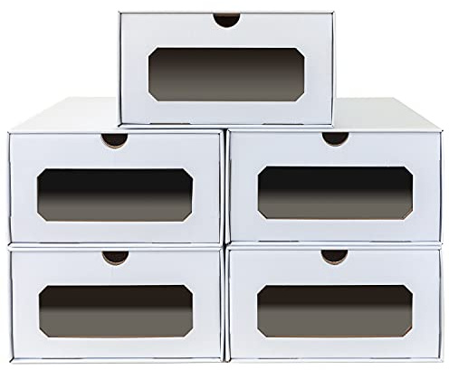 5 x PresentFill® Aufbewahrungsbox Weiß Schuhbox Schuhkiste Schuhschachtel Schuhkarton Ordnungsboxen durchsichtig transparent Sichfenster stapelbar aus Pappe Schuhaufbewahrung Schuhorganizer
