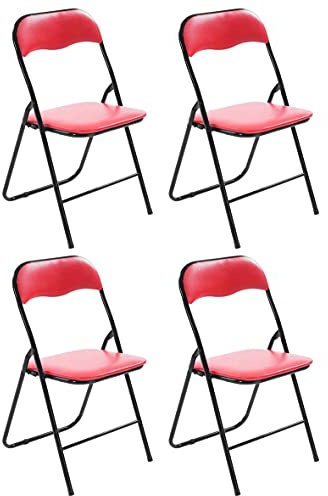 CLP 4er Set Klappstuhl Felix Gepolstert I Küchenstuhl Mit Metallgestell I Kunstleder PVC Sitz Gepolstert I Stühle Klappbar I Campingstühle, Farbe:rot/schwarz