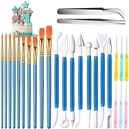 MEISO 26 Pièces Pinceau Patisserie de Décoration Gâteaux Outils Biscuits Brosse Pinces Droites et Courbes Patisserie pour Biscuit Boulangerie Fondant Modelage