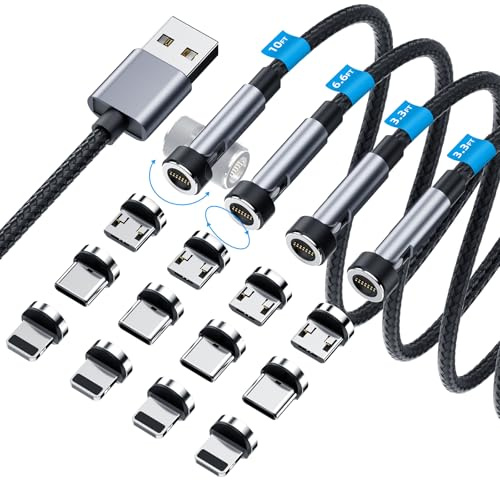 Magnetisches Ladekabel mit 540 ° drehbar, 3-in-1, magnetisches Handy-Ladegerät [4er-Pack, 0.9 m/0.9 m/1.8 m/3.0 m), unterstützt Datenübertragung, USB-Magnetladekabel für iPhone/Micro-USB/Typ-C-Gerät