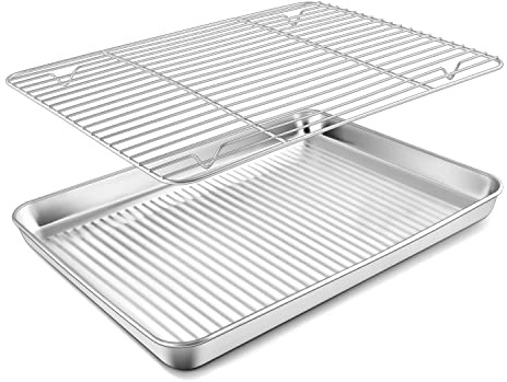 Homikit Backblech mit Abkühlgitter, Edelstahl Rechteckiges Backform Ofenblech und Auskühlgitter für Backen Braten Servieren, 40,5 x 30,5 x 2,5 cm, Ungiftig & Gesund, Spülmaschinenfest