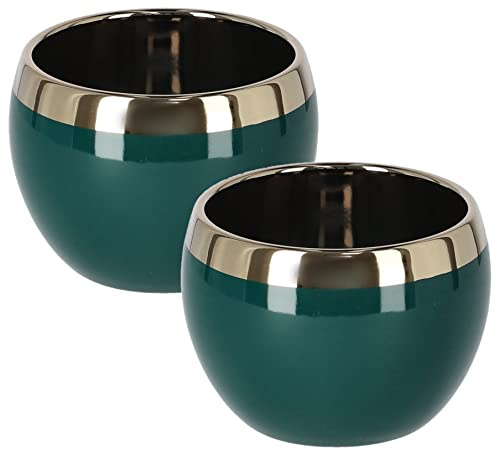 KOTARBAU® 2 x Macetas de cerámica esmaltada, Redonda, Verde Esmeralda Oscuro + Dorado, Ø 100 mm, Macetero Mate con Borde Brillante, Elegante, Tiesto Decorativo, 2 Unidades