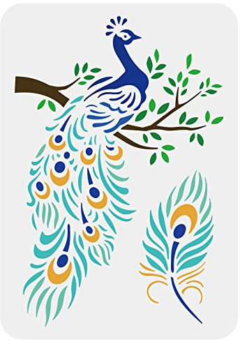 FINGERINSPIRE Pfauen Schablonen zum Malen 29,7 x 21 cm Wiederverwendbare Stencil Schablone Pfau auf Zweigen Muster Schablonen Kunststoff Malschablone für Wand Möbel Holz und Papier