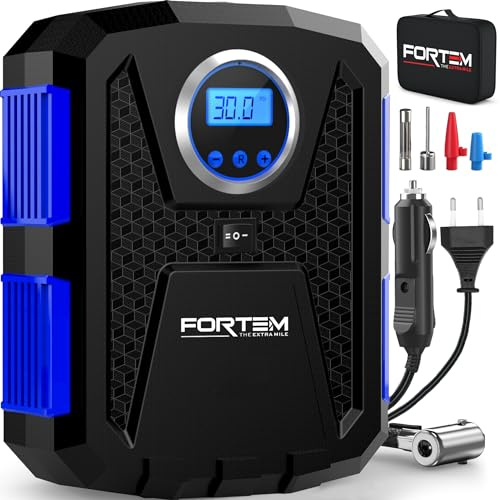 FORTEM Tire Inflator Portable Air Compressor, Air Pump for Car Tires and Bikes, Car Tire Pump w/Auto Shut Off, 150 PSI, 110V AC 12V DC, LED Light, Carrying Case, for Men, Women