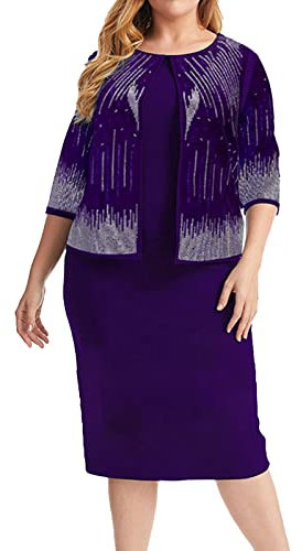 Élégante robe deux pièces à col rond et manches 3/4 pour femme, violet, XL