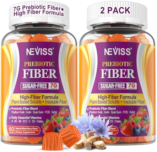 Fiber Gummies for Adults with Psyllium Husk, 7G(Soluble + Insoluble) Daily Prebiotic Fiber with Inulin, FOS, Guar Gum, Multivitamins for Daily Digestive Health, Regularity Support,Sugar Free,Pack of 2