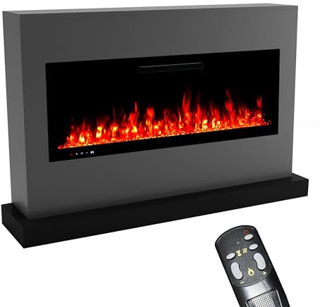 GLOW FIRE Elektrokamin mit Heizung und Kaminfeuer (Standkamin Zeus) - elektrischer Kamin mit LED-Feuer in 5 Farben, Heizlüfter, Deko & Fernbedienung - 155x100x35 cm, Grau