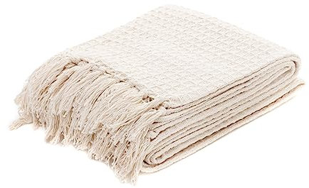 HOMLA Vaffel Baumwoll-Plaid mit Fransen - Weiche Kuscheldecke Überwurf für Couch und Bett - Dezentes Baumwollstrick - 130 x 170 cm - Naturfarbe